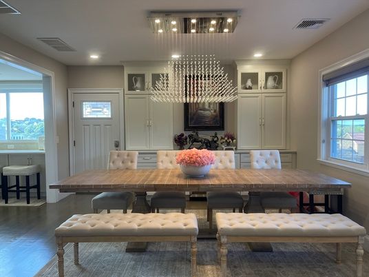 Dining room, Interior, Pendant Lights, Recessed Lighting, Wood Texture Flooring