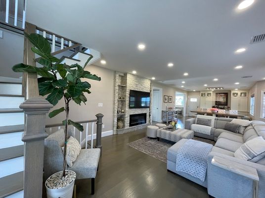 Fireplace, Interior, Kitchen, Living room, Recessed Lighting, Stone Walls, Wood Texture Flooring