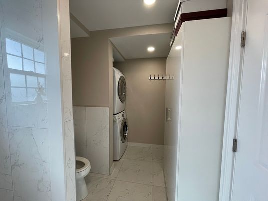 Bathroom, Interior, Marble, Recessed Lighting, Utility Closets, Washer
