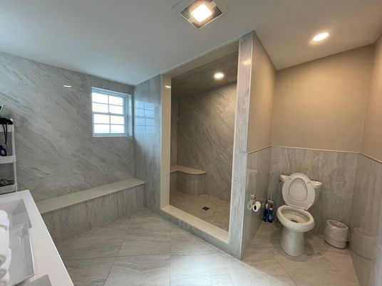 Bathroom, Interior, Marble, Marble Walls, Recessed Lighting