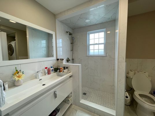 Bathroom, Glass Shower, Interior, Marble, Marble Walls, Recessed Lighting