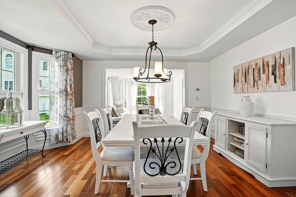 Dining room, Interior, Pendant Lights, Wood Texture Flooring