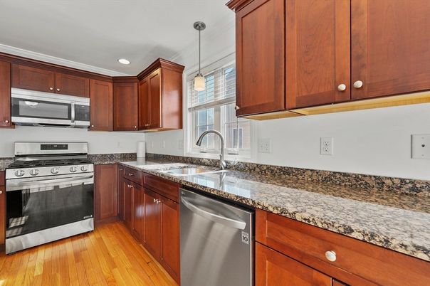 Interior, Kitchen, Pendant Lights, Recessed Lighting, Stainless Steel Appliances, Wood Texture Flooring