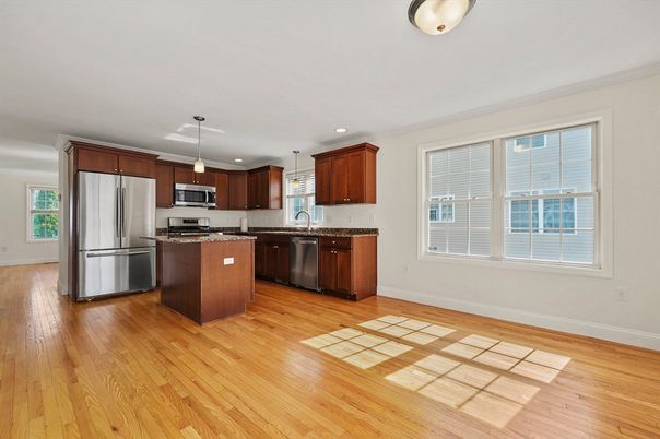 Interior, Kitchen, Pendant Lights, Recessed Lighting, Stainless Steel Appliances, Wood Texture Flooring