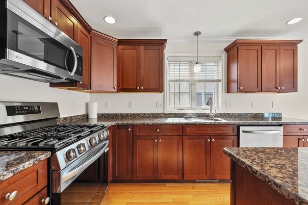 Interior, Kitchen, Pendant Lights, Recessed Lighting, Stainless Steel Appliances, Wood Texture Flooring