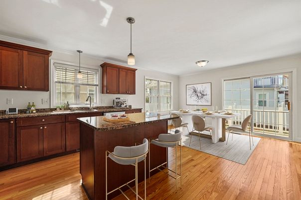 Dining room, Interior, Kitchen, Pendant Lights, Wood Texture Flooring