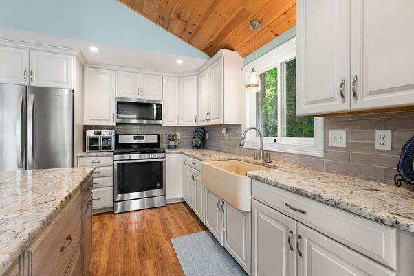 Interior, Kitchen, Pendant Lights, Recessed Lighting, Stainless Steel Appliances, Wooden Ceilings, Wood Texture Flooring