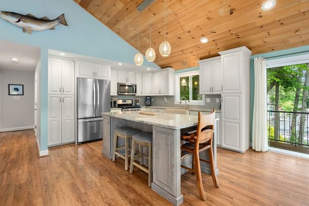 Interior, Kitchen, Pendant Lights, Recessed Lighting, Stainless Steel Appliances, Wooden Ceilings, Wood Texture Flooring