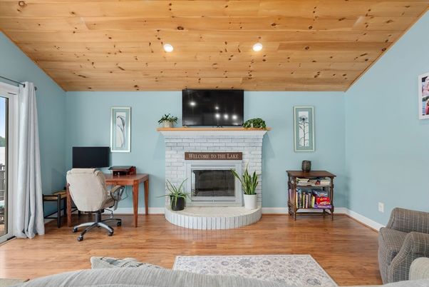 Fireplace, Home Office, Interior, Wooden Ceilings, Wood Texture Flooring