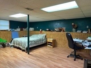 Bedroom, Home Office, Interior, Recessed Lighting, Wood Texture Flooring, Wooden Walls