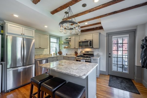 Interior, Kitchen, Recessed Lighting, Stainless Steel Appliances, Wooden Beams, Wood Texture Flooring