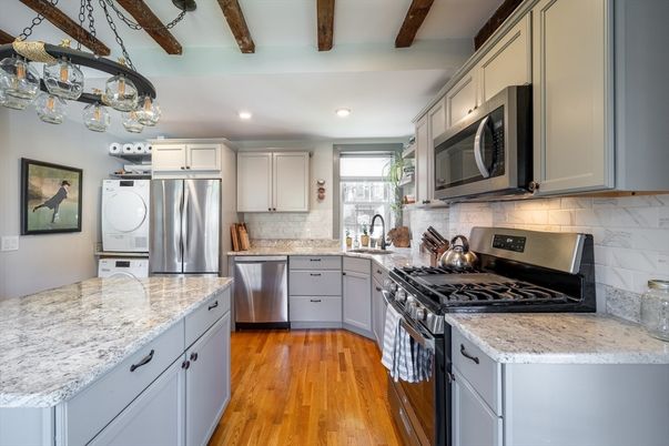 Interior, Kitchen, Recessed Lighting, Stainless Steel Appliances, Wooden Beams, Wood Texture Flooring