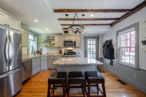 Chandelier, Interior, Kitchen, Recessed Lighting, Stainless Steel Appliances, Wooden Beams, Wood Texture Flooring