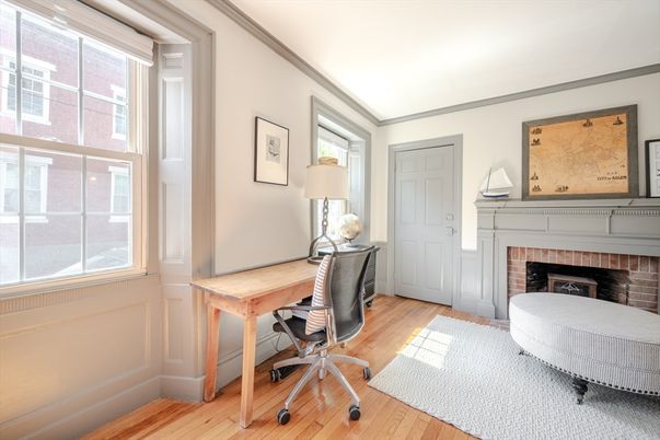 Fireplace, Home Office, Interior, Wood Texture Flooring