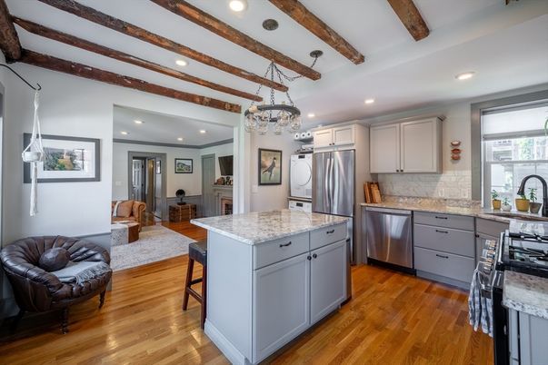 Chandelier, Interior, Kitchen, Recessed Lighting, Stainless Steel Appliances, Wooden Beams, Wood Texture Flooring