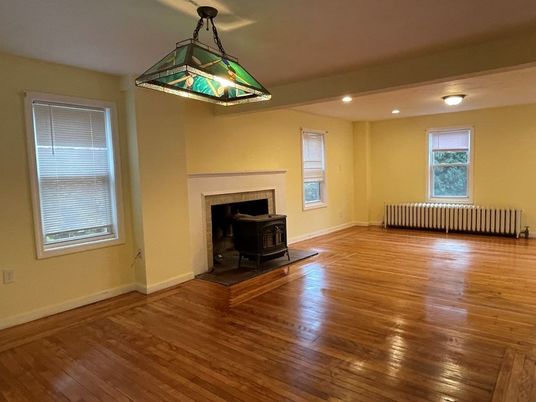 Empty room, Fireplace, Interior, Recessed Lighting, Wood Texture Flooring