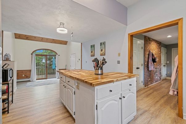 Interior, Kitchen, Recessed Lighting, Stone Walls, Wood Texture Flooring