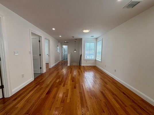 Empty room, Interior, Pendant Lights, Recessed Lighting, Wood Texture Flooring