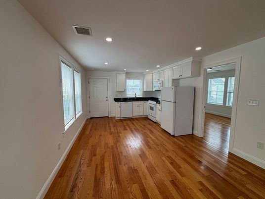 Empty room, Interior, Kitchen, Recessed Lighting, Wood Texture Flooring