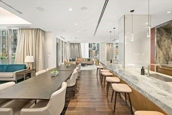 Dining room, Interior, Living room, Pendant Lights, Recessed Lighting, Wood Texture Flooring