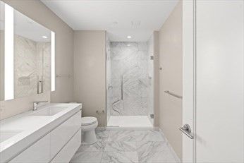 Bathroom, Glass Shower, Interior, Marble, Marble Walls, Recessed Lighting