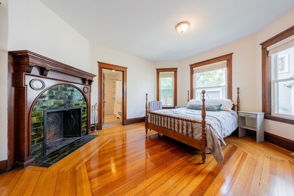 Bedroom, Fireplace, Interior, Wood Texture Flooring