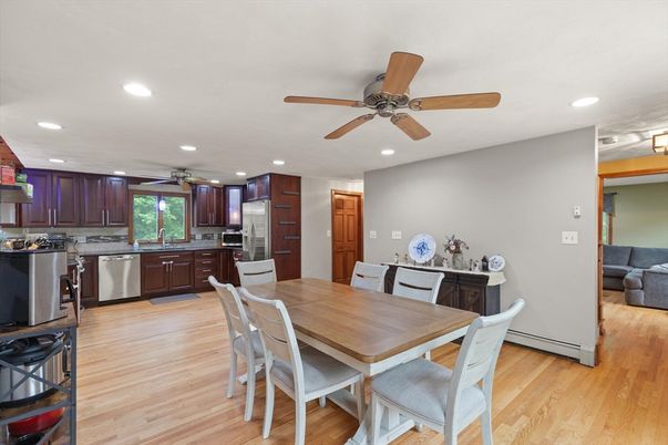 Dining room, Interior, Kitchen, Recessed Lighting, Stainless Steel Appliances, Wood Texture Flooring
