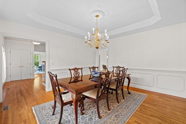 Chandelier, Dining room, Interior, Wood Texture Flooring