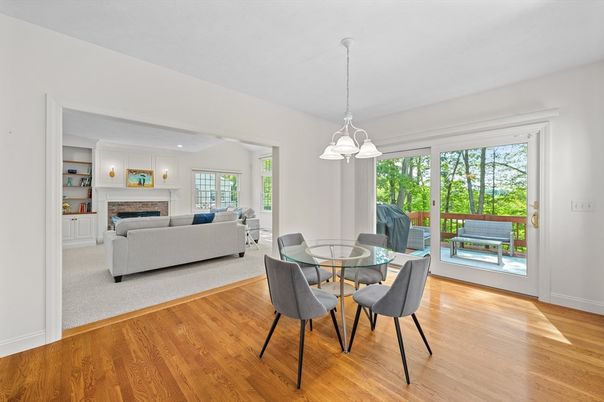 Dining room, Fireplace, Interior, Living room, Pendant Lights, Wood Texture Flooring