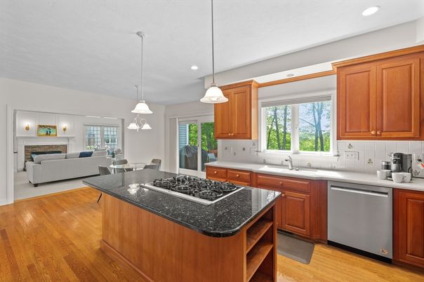 Dining room, Fireplace, Interior, Kitchen, Living room, Pendant Lights, Recessed Lighting, Wood Texture Flooring