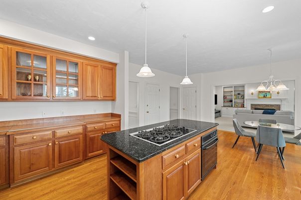 Dining room, Fireplace, Interior, Kitchen, Living room, Pendant Lights, Recessed Lighting, Wood Texture Flooring