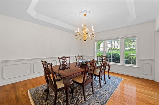 Chandelier, Dining room, Interior, Wood Texture Flooring