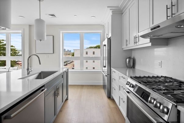 Interior, Kitchen, Pendant Lights, Recessed Lighting, Stainless Steel Appliances, Water, Wood Texture Flooring