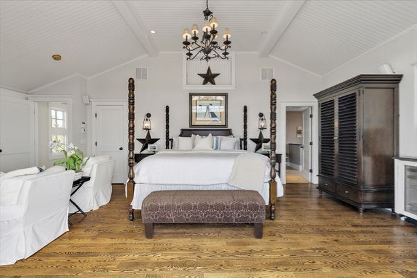 Bedroom, Chandelier, Interior, Recessed Lighting, Wood Texture Flooring