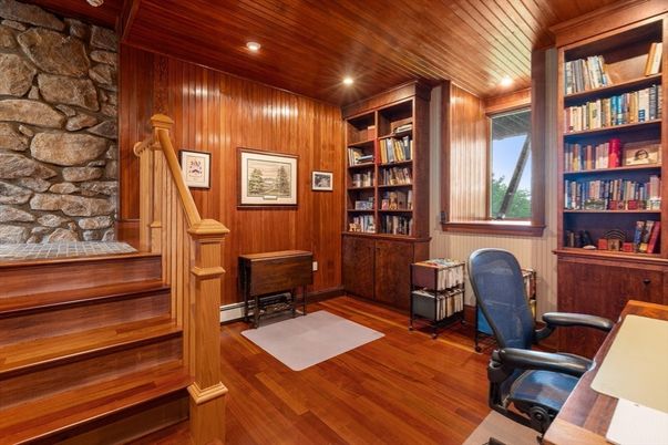 Home Office, Interior, Recessed Lighting, Stone Walls, Wooden Ceilings, Wood Texture Flooring, Wooden Walls