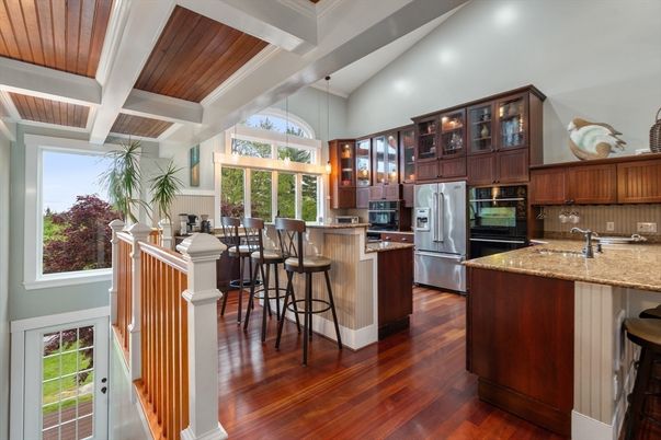 Interior, Kitchen, Recessed Lighting, Stainless Steel Appliances, Wooden Ceilings, Wood Texture Flooring