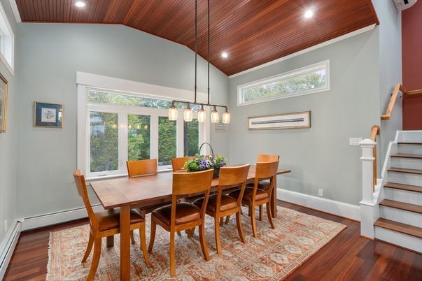 Dining room, Interior, Pendant Lights, Recessed Lighting, Wood Texture Flooring