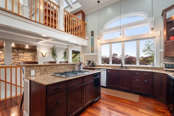Interior, Kitchen, Pendant Lights, Stone Walls, Wood Texture Flooring
