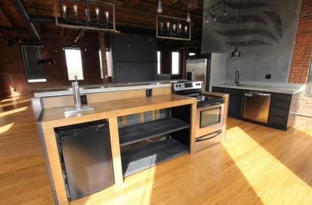Interior, Kitchen, Pendant Lights, Stainless Steel Appliances, Stone Walls, Wooden Beams, Wood Texture Flooring