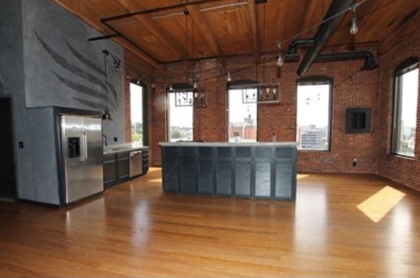 Empty room, Interior, Kitchen, Pendant Lights, Stainless Steel Appliances, Stone Walls, Wooden Ceilings, Wood Texture Flooring