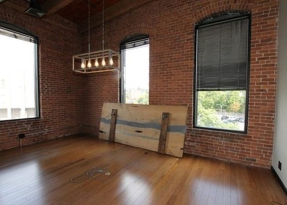 Empty room, Interior, Pendant Lights, Stone Walls, Wooden Beams, Wood Texture Flooring