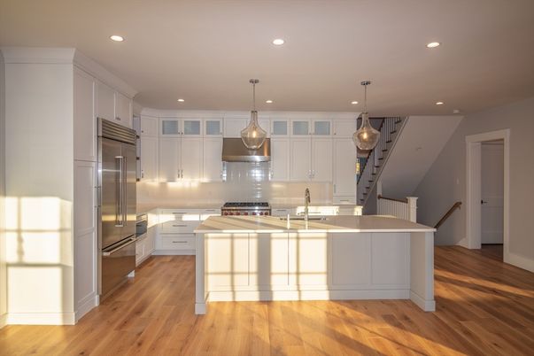 Interior, Kitchen, Pendant Lights, Recessed Lighting, Stainless Steel Appliances, Wood Texture Flooring