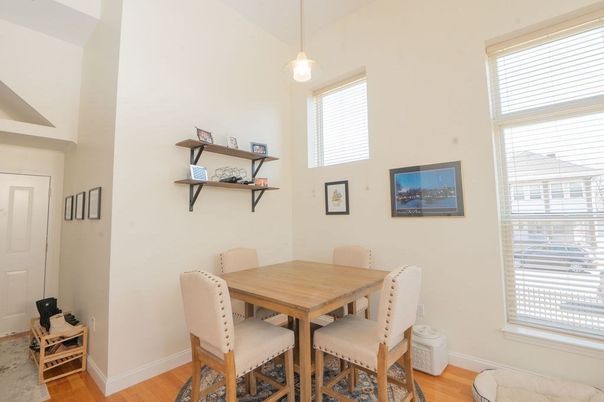 Dining room, Interior, Pendant Lights, Wood Texture Flooring