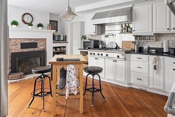Fireplace, Interior, Kitchen, Pendant Lights, Stainless Steel Appliances, Wood Texture Flooring