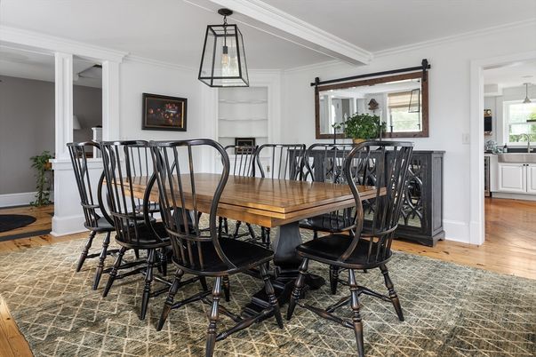 Dining room, Interior, Pendant Lights, Wood Texture Flooring