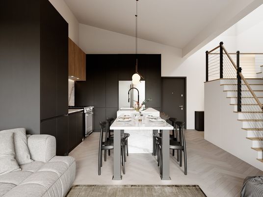Dining room, Interior, Kitchen, Pendant Lights, Wood Texture Flooring