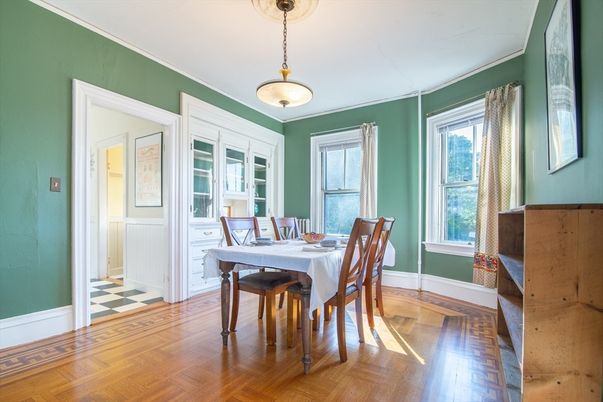Dining room, Interior, Pendant Lights, Wood Texture Flooring