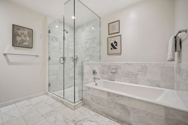 Bathroom, Glass Shower, Interior, Marble, Marble Walls, Recessed Lighting