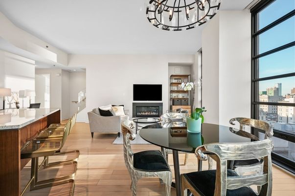 Chandelier, Dining room, Fireplace, Interior, Living room, Recessed Lighting, Wood Texture Flooring
