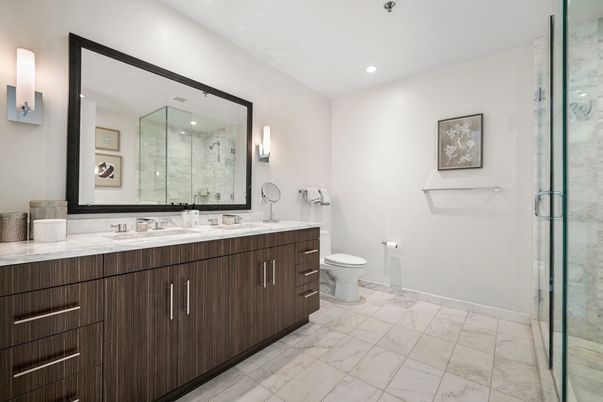 Bathroom, Dual Sink Vanities, Glass Shower, Interior, Marble, Recessed Lighting